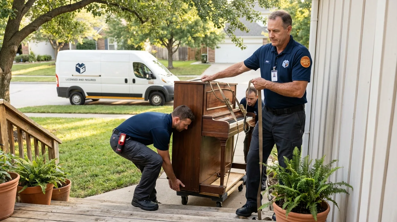 Licensed piano movers securing grand piano in Blissfield, MI