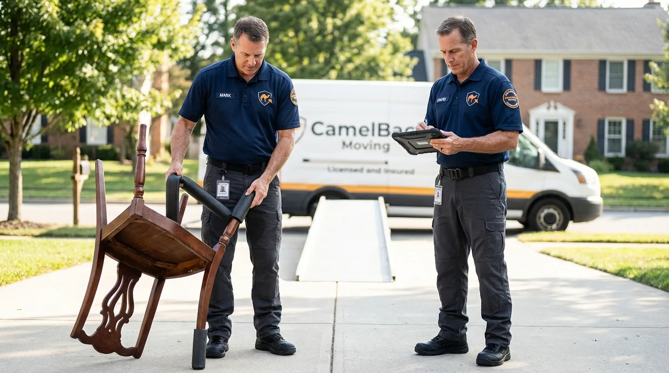 Movers inspecting furniture for damage prevention before loading in Blissfield, MI