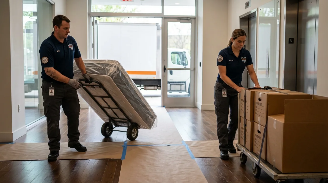 Professional apartment movers loading elevator in Blissfield, MI